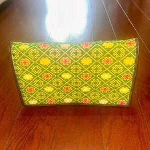 Bohemian Woven Purse Envelope Clutch Green Gold Red Asian Design Handcrafted